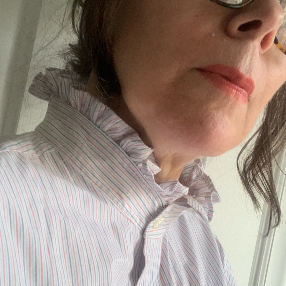 Nautica Ruffled Pinstripe Upcycled Oversized Button Down Shirt